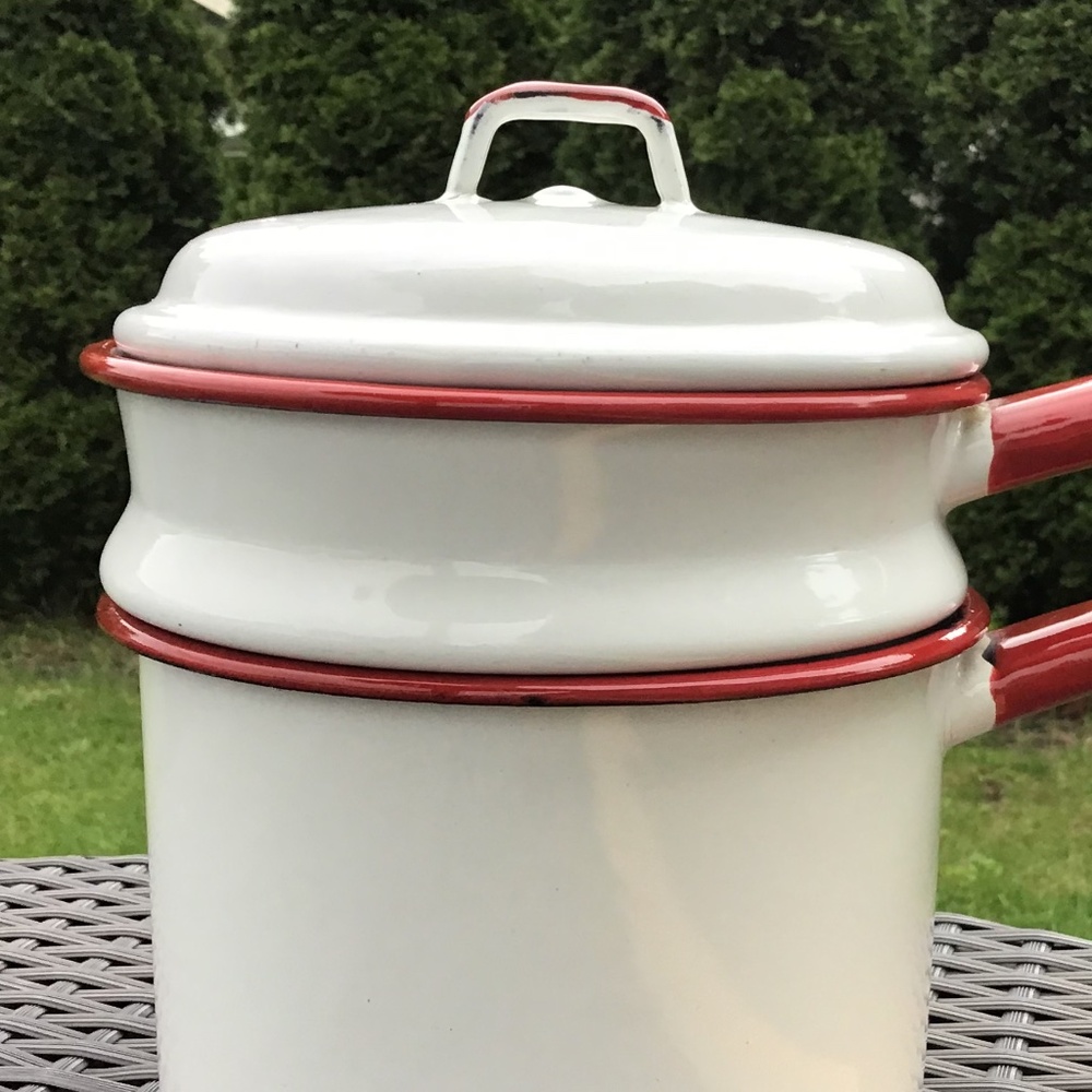 Vintage Enamelware Double Boiler White Red 3 Piece Set Farmhouse - Picture 11 of 15